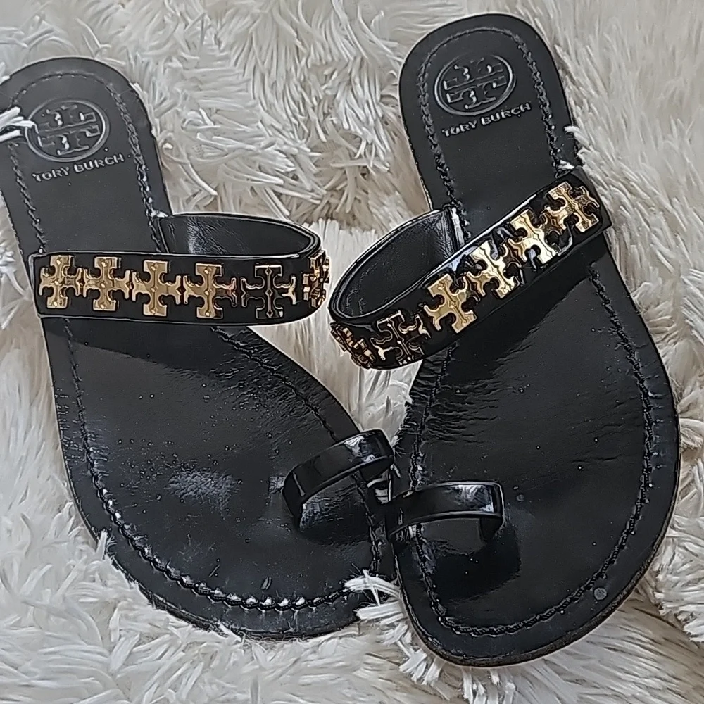 Tory Burch Black Sandal with Gold Logo Accent